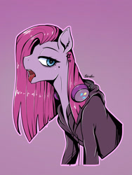 Size: 2160x2871 | Tagged: safe, artist:tomi_ouo, imported from derpibooru, pinkie pie, earth pony, pony, clothes, ear piercing, earring, headphones, hoodie, jewelry, lidded eyes, open mouth, piercing, pinkamena diane pie, purple background, simple background, solo, tongue out