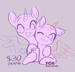 Size: 2243x2160 | Tagged: safe, artist:tomi_ouo, imported from derpibooru, pony, any race, cellphone, duo, hoof around neck, hoof hold, one eye closed, phone, shipping, smartphone, smiling, ych sketch, your character here