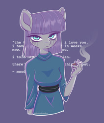 Size: 1832x2160 | Tagged: safe, artist:tomi_ouo, imported from derpibooru, maud pie, anthro, earth pony, blue background, cigarette, female, makeup, obscured text, running makeup, simple background, smoke, solo, vylet pony