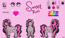 Size: 1920x1117 | Tagged: safe, artist:cherrycandi, imported from derpibooru, oc, oc only, oc:sweet ruins, earth pony, pony, bags under eyes, bone, bow, bracelet, deviantart watermark, eyeshadow, female, front view, heart, jewelry, makeup, obtrusive watermark, ponysona, reference sheet, simple background, solo, unshorn fetlocks, watermark