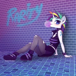 Size: 2169x2160 | Tagged: safe, artist:tomi_ouo, imported from derpibooru, rarity, anthro, unicorn, alternate hairstyle, brick wall, bubblegum, clothes, female, fishnets, food, gum, punk, raripunk, shoes, skirt, sleeveless, solo, spiked wristband, wristband