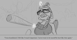 Size: 1080x568 | Tagged: safe, artist:tomi_ouo, imported from derpibooru, moondancer, pony, unicorn, clothes, crying, ears back, glasses, grayscale, magic, monochrome, open mouth, solo, sweater, telekinesis