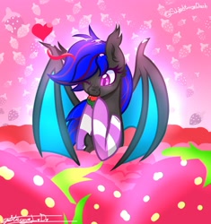 Size: 2633x2796 | Tagged: safe, artist:slightningdash, imported from derpibooru, oc, oc only, oc:ebony rose, bat pony, pony, bat pony oc, bat wings, clothes, community related, eating, fangs, female, heart, herbivore, mare, nibbling, nom, socks, spread wings, striped socks, wings