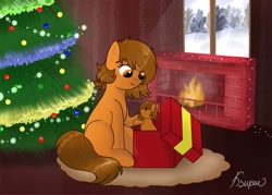 Size: 2560x1829 | Tagged: safe, artist:ksupav, imported from derpibooru, oc, oc:venus spring, original species, plush pony, box, brown mane, brown tail, carpet, christmas, christmas tree, fire, fireplace, food, holiday, new year, orange, orange eyes, plushie, present, signature, smiling, tail, tree, window, winter