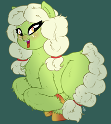 Size: 2590x2889 | Tagged: safe, artist:ponykittenboi, derpibooru exclusive, imported from derpibooru, granny smith, earth pony, pony, braid, braided tail, colored hooves, cute, female, filly, filly granny smith, freckles, open mouth, signature, simple background, sitting, solo, tail, tongue out, unshorn fetlocks, young granny smith, younger