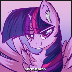 Size: 3000x3000 | Tagged: safe, artist:shepardinthesky, imported from derpibooru, twilight sparkle, alicorn, pony, art pack:fangs out!, bust, chest fluff, ear fluff, fangs, fluffy, smiling, smug, solo, spread wings, twilight sparkle (alicorn), wings