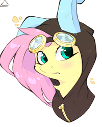 Size: 800x1000 | Tagged: safe, artist:glazirka, imported from derpibooru, fluttershy, pony, bunny ears, clothes, costume, dangerous mission outfit, goggles, hoodie, simple background, solo, white background