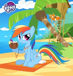 Size: 855x886 | Tagged: safe, imported from derpibooru, rainbow dash, pegasus, pony, beach, facebook, female, mare, my little pony logo, official, palm tree, sitting, solo, summer, tree
