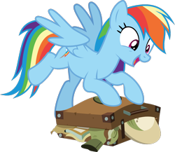 Size: 1128x981 | Tagged: safe, artist:sollace, derpibooru exclusive, imported from derpibooru, rainbow dash, pegasus, pony, stranger than fan fiction, .svg available, clothes, cute, excited, female, happy, hat, open mouth, pith helmet, raised leg, simple background, solo, spread wings, suitcase, svg, transparent background, vector, wings