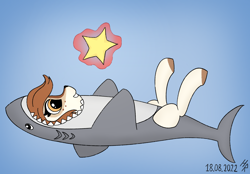 Size: 2510x1744 | Tagged: safe, artist:hardrock, imported from derpibooru, oc, oc:sofiko, deer, animal costume, costume, female, lying down, on back, shark costume, solo