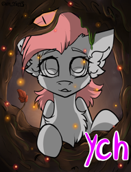 Size: 820x1075 | Tagged: safe, artist:yuris, imported from derpibooru, oc, pony, advertisement, auction, commission, forest, hollow, smiling, solo, wood, ych sketch