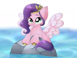 Size: 2006x1515 | Tagged: safe, artist:namaenonaipony, imported from derpibooru, pipp petals, pegasus, pony, adorapipp, cute, eyebrows, eyebrows visible through hair, female, g5, mare, rock, simple background, solo, spread wings, water, white background, wings