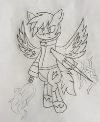 Size: 2268x2780 | Tagged: safe, artist:lunahazacookie, imported from derpibooru, oc, pegasus, hoof shoes, lineart, male, pegasus oc, solo, stallion, traditional art, weapon, wings