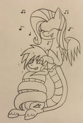 Size: 1924x2857 | Tagged: safe, artist:lunahazacookie, imported from derpibooru, fluttershy, lamia, coils, female, lamiafied, lamiashy, male, mare, music notes, species swap, stallion, swirly eyes, traditional art, unshorn fetlocks, wings