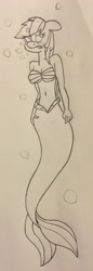 Size: 1127x3264 | Tagged: safe, artist:lunahazacookie, imported from derpibooru, rainbow dash, anthro, mermaid, bikini, clothes, lineart, mermaidized, species swap, swimsuit, traditional art, underwater, water