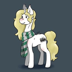 Size: 1500x1500 | Tagged: safe, artist:thelazyponyy, imported from derpibooru, oc, oc only, pony, unicorn, blushing, clothes, dark background, ear fluff, horn, scarf, solo, striped scarf, unicorn oc