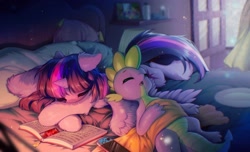 Size: 2048x1243 | Tagged: safe, artist:swaybat, imported from derpibooru, spike, twilight sparkle, alicorn, dragon, pony, bed, bedroom, blanket, book, cute, duo, ear fluff, eyes closed, female, fluffy, horn, leg fluff, lying down, male, mare, nintendo switch, open mouth, open window, pillow, plate, sleeping, spikabetes, spread wings, tassels, twiabetes, twilight sparkle (alicorn), window, wings