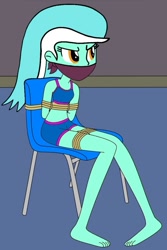 Size: 705x1056 | Tagged: safe, artist:author92, edit, imported from derpibooru, lyra heartstrings, human, equestria girls, angry, bikini, bikini babe, bikini bottom, bikini top, bondage, bound and gagged, cloth gag, clothes, gag, glare, midriff, rope, ropes, swimsuit, tied up