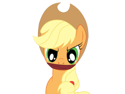 Size: 1024x768 | Tagged: safe, artist:bondagefan216, edit, imported from derpibooru, applejack, angry, cloth gag, clothes, gag, glare, looking at you, simple background, solo, transparent background