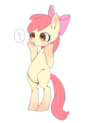 Size: 700x990 | Tagged: safe, artist:nitronic, imported from derpibooru, apple bloom, earth pony, pony, bipedal, blushing, female, filly, foal, japanese, puffy cheeks, simple background, solo, speech bubble, standing on two hooves, white background