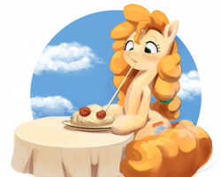 Size: 2579x2070 | Tagged: safe, artist:applephil, imported from derpibooru, pear butter, earth pony, pony, blushing, eating, female, food, mare, meat, meatball, pasta, ponies eating meat, simple background, solo, spaghetti, table, white background