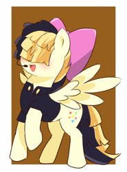 Size: 1952x2640 | Tagged: safe, artist:leo19969525, imported from derpibooru, songbird serenade, pegasus, pony, my little pony: the movie, blushing, bow, brown background, clothes, cute, ears, ears up, female, g4, mane, mare, microphone, open mouth, open smile, simple background, smiling, solo, songbetes, spread wings, tail, wings