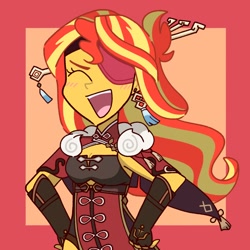 Size: 1280x1280 | Tagged: safe, artist:nene, imported from derpibooru, sunset shimmer, human, equestria girls, abstract background, alternate hairstyle, ami koshimizu, beidou (genshin impact), belt, breasts, cape, cleavage, clothes, cosplay, costume, ear piercing, earring, eyepatch, eyes closed, fingerless gloves, genshin impact, gloves, hairclip, japanese, jewelry, open mouth, piercing, simple background, voice actor joke