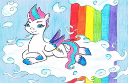 Size: 2205x1434 | Tagged: safe, artist:assertiveshypony, imported from derpibooru, zipp storm, pegasus, pony, cloud, g5, looking at you, lying down, lying on a cloud, on a cloud, rainbow, simple background, solo, traditional art