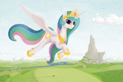 Size: 1800x1200 | Tagged: safe, artist:xodok, imported from derpibooru, princess celestia, alicorn, pony, series:ponyashnost, canterlot, cloud, cloudsdale, field, forest, looking at you, mountain, river, smiling, water