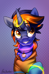 Size: 2000x3000 | Tagged: safe, artist:jedayskayvoker, imported from derpibooru, oc, oc:cobalt blaze, pony, unicorn, bust, chest fluff, clothes, collar, cute, eyebrows, glasses, hoodie, horn, icon, male, neon, portrait, raised eyebrow, solo, stallion, unicorn oc