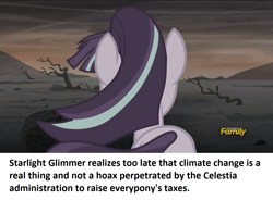 Size: 1272x938 | Tagged: safe, edit, edited screencap, imported from derpibooru, screencap, starlight glimmer, pony, unicorn, the cutie re-mark, alternate timeline, ashlands timeline, barren, butt, climate change, conspiracy theory, glimmer glutes, global warming, implied genocide, plot, ponestrip, post-apocalyptic, solo, wasteland