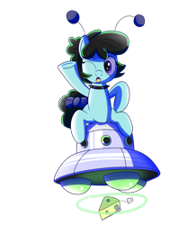 Size: 2000x2294 | Tagged: safe, artist:trackheadtherobopony, imported from derpibooru, oc, alien, alien pony, cheese, food, implied princess luna, simple background, solo, transparent background, ufo, waving