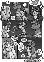 Size: 2480x3508 | Tagged: safe, artist:moonseeker, imported from derpibooru, big macintosh, sugar belle, sweetie belle, earth pony, pony, unicorn, comic:sweet apple pie, blushing, comic, eating, eyes closed, female, food, grayscale, magic, male, mare, monochrome, older, older big macintosh, older sugar belle, older sweetie belle, open mouth, open smile, pictogram, pie, shipping, smiling, stallion, straight, sugarmac