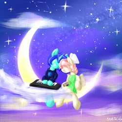 Size: 2000x2000 | Tagged: safe, artist:ktk's sky, imported from derpibooru, oc, oc only, pegasus, pony, unicorn, cloud, constellation, female, keyboard, male, mare, moon, sky, stars, tangible heavenly object