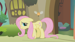 Size: 1000x563 | Tagged: safe, imported from derpibooru, screencap, fluttershy, parasprite, pegasus, pony, season 1, swarm of the century, doorway, embarrassed, female, floppy ears, fluttershy's cottage, flying, mare, pillow, solo