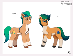 Size: 2719x2073 | Tagged: safe, artist:autumnsfur, imported from derpibooru, hitch trailblazer, oc, oc:skyena, earth pony, pony, comic:look alikes, blue eyes, blue hair, blue mane, comic, confused, duo, earth pony oc, female, g4, g5, green eyes, green hair, green mane, hooves, male, mare, multicolored eyes, multicolored hair, multicolored mane, multicolored tail, orange coat, orange eyes, orange fur, panel, pony oc, raised hoof, sheriff's badge, signature, simple background, stallion, stare, tail, text