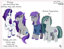 Size: 2719x2073 | Tagged: safe, artist:autumnsfur, imported from derpibooru, marble pie, maud pie, rarity, oc, oc:glitter stone, earth pony, pony, unicorn, comic:look alikes, clothes, diamond, earth pony oc, eye clipping through hair, g4, g5, hooves, long hair, long mane, nervous, open mouth, pie sisters, purple eyes, purple hair, purple mane, purple tail, raised hoof, redesign, siblings, signature, sisters, sitting, smiling, smirk, tail, text