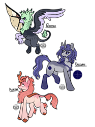 Size: 2048x2732 | Tagged: safe, artist:sursiq, imported from derpibooru, oc, oc only, griffon, kirin, pony, unicorn, accessory, amputee, artificial wings, augmented, clothes, griffon oc, horn, kirin oc, outline, pony oc, prosthetic limb, prosthetic wing, prosthetics, shawl, simple background, stockings, text, thigh highs, transparent background, unicorn oc, watermark, white outline, wings