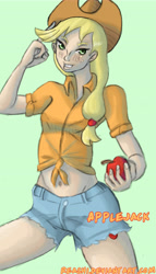 Size: 5749x10077 | Tagged: safe, artist:reashi, imported from derpibooru, applejack, human, apple, clothes, female, food, humanized, midriff, simple background, solo