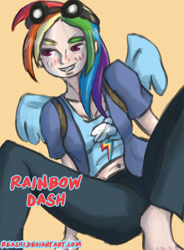 Size: 1000x1361 | Tagged: safe, artist:reashi, imported from derpibooru, rainbow dash, human, barefoot, clothes, feet, female, goggles, humanized, midriff, missing shoes, simple background, solo, winged humanization, wings