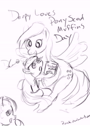 Size: 8377x11639 | Tagged: safe, artist:reashi, imported from derpibooru, derpy hooves, dinky hooves, pegasus, pony, unicorn, female, food, monochrome, mother and child, mother and daughter, muffin, sketch, that pony sure does love muffins