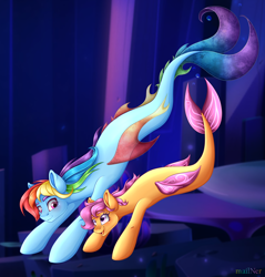 Size: 4340x4542 | Tagged: safe, artist:mailner, imported from derpibooru, rainbow dash, scootaloo, merpony, pegasus, seapony (g4), absurd resolution, blushing, bubble, cute, dorsal fin, duo, duo female, eyebrows, eyelashes, female, fins, fish tail, flowing mane, flowing tail, looking at each other, looking at someone, mare, ocean, open mouth, open smile, pink eyes, purple eyes, purple mane, redesign, seaponified, seapony rainbow dash, seapony scootaloo, seaquestria, signature, smiling, species swap, tail, underwater, water