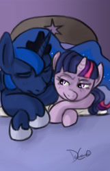 Size: 2550x3950 | Tagged: safe, artist:reashi, imported from derpibooru, princess luna, twilight sparkle, alicorn, pony, bed, duo, female, lesbian, shipping, sleeping, twiluna