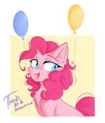 Size: 795x925 | Tagged: safe, artist:thieftea, imported from derpibooru, pinkie pie, earth pony, pony, balloon, blue eyes, chest fluff, ear fluff, female, mare, open mouth, open smile, pink mane, simple background, smiley face, smiling, solo, text, thanks