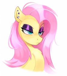 Size: 1151x1298 | Tagged: safe, artist:draw3, imported from derpibooru, fluttershy, pegasus, pony, bust, chest fluff, ear piercing, earring, eyeshadow, fluttergoth, jewelry, lidded eyes, makeup, palindrome get, piercing, simple background, solo, unamused, white background