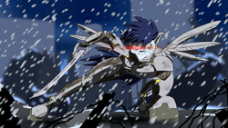 Size: 5007x2816 | Tagged: safe, artist:greeneyedmistress, imported from derpibooru, soarin', anthro, cyborg, pegasus, angry, blizzard, katana, male, metal gear, metal gear rising, raiden, ruins, snow, snowfall, solo, spread wings, stallion, storm, sword, wallpaper, weapon, wings