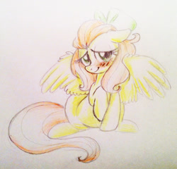 Size: 837x803 | Tagged: safe, artist:kluzart, imported from derpibooru, fluttershy, pegasus, pony, alternate hairstyle, aside glance, blushing, bow, colored pencil drawing, female, floppy ears, full body, hair bow, looking at you, mare, raised hoof, simple background, sitting, smiling, smiling at you, solo, spread wings, traditional art, turned head, white background, wings