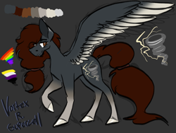 Size: 2224x1668 | Tagged: safe, artist:maplefr0st, imported from derpibooru, oc, oc:vortex r supercell, pegasus, brown eyes, character concept, clothes, coat, colored, colored wings, colored wingtips, concept art, gay pride, gay pride flag, gray, hooves, lightning, nonbinary, pride, pride flag, storm, supercell, tied hair, tornado, twister, weather, wings