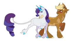 Size: 3000x1700 | Tagged: safe, artist:uunicornicc, imported from derpibooru, applejack, rarity, classical unicorn, pony, unicorn, alternate design, beard, blushing, chest fluff, cloven hooves, coat markings, colored hooves, cowboy hat, dappled, duo, ear fluff, facial hair, female, hat, leonine tail, lesbian, looking back, rarijack, shipping, simple background, transparent background, unshorn fetlocks