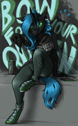 Size: 1200x1950 | Tagged: safe, artist:sinrar, imported from derpibooru, queen chrysalis, anthro, changeling, changeling queen, unguligrade anthro, clothes, female, hoof shoes, jewelry, long nails, necklace, pants, shirt, solo, spray can, spray paint, t-shirt, thumbs down